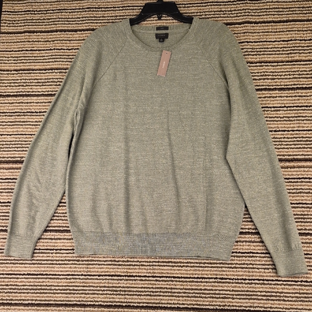 J CREW Green Weave Cotton Knit Mens Large Slim Crewneck Sweater C8445 NEW‎